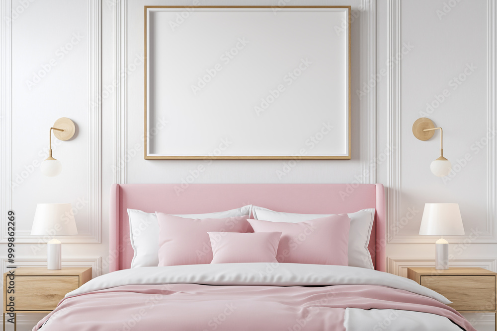 Modern style bedroom interior with a mock up frame for wall decoration Modern style bedroom interior with a mock up frame for wall decoration
