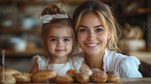 a cute small girl with mother indoors in kitchen at home