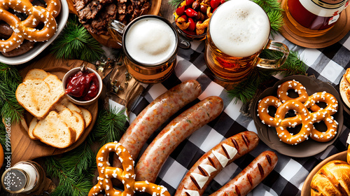 Top view of Oktoberfest food spread sausages pretzels photo