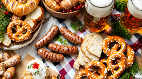 Top view of Oktoberfest food spread sausages pretzels photo