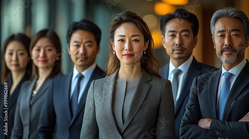 a group of business people standing in an office looking at camera