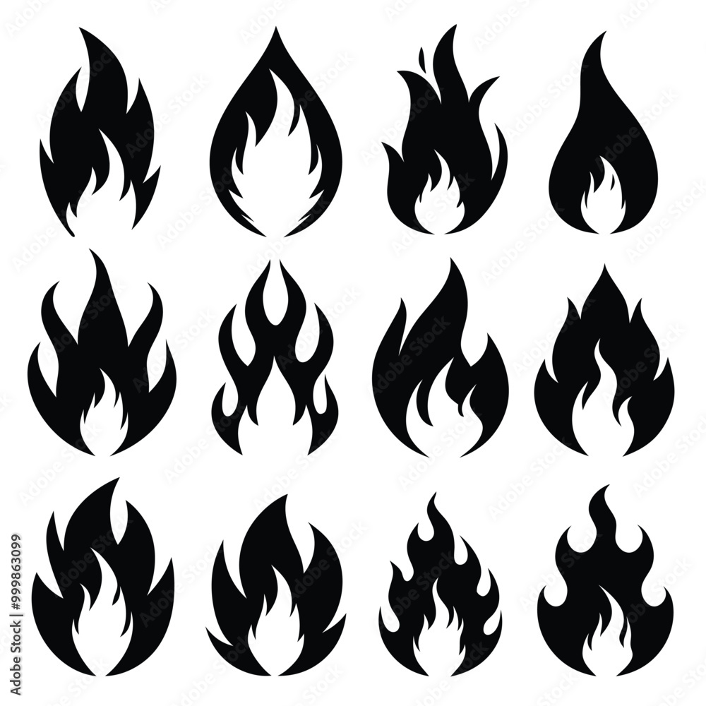 Black Silhouette Fire Flame Vector Set, Black Flame Silhouette Icons for Design. Black Silhouette Fire Flame Vector Set, Black Flame Silhouette Icons for Design.