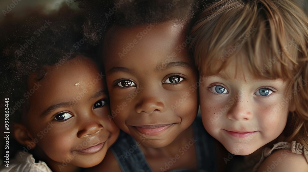 Three children of different races, faces close together Three children of different races, faces close together