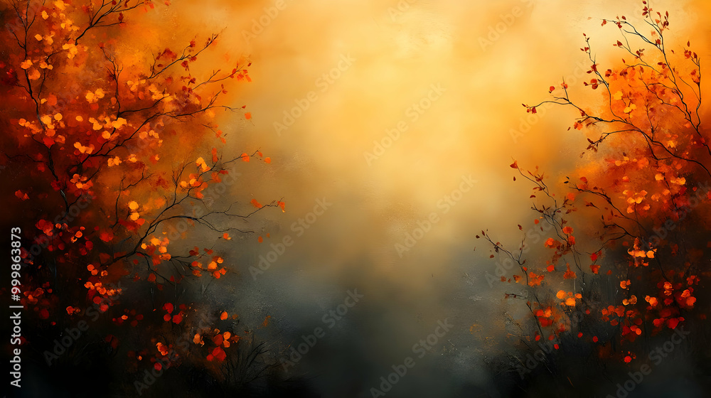 Autumn Leaves Painting with Golden Light and Misty Background Autumn Leaves Painting with Golden Light and Misty Background