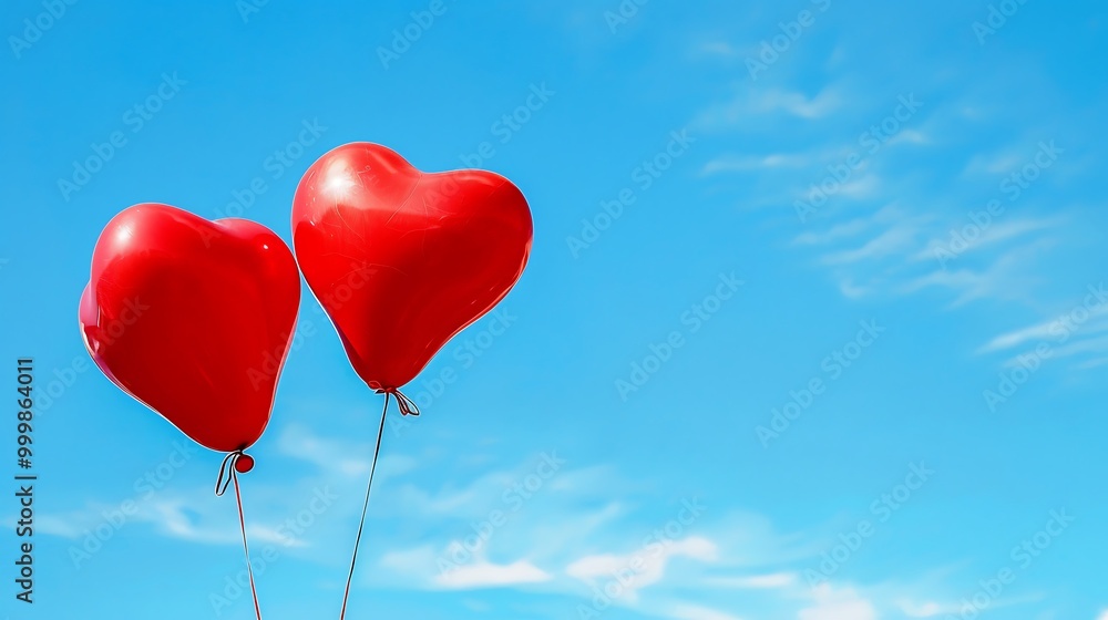 Two heart shaped balloons on blue sky Two heart shaped balloons on blue sky