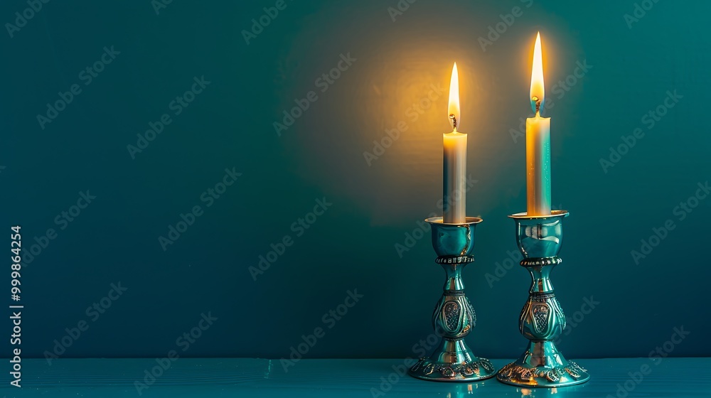 Fototapeta premium Two lit shabbat candles in silver candlesticks on green background