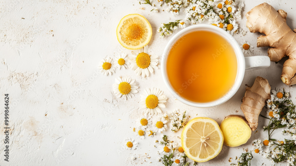 A soothing cup of chamomile herbal tea with lemon is elegantly displayed in a white cup, set against a light background. Surrounding the cup are delicate dry flowers and fresh ginger, creating a seren A soothing cup of chamomile herbal tea with lemon is elegantly displayed in a white cup, set against a light background. Surrounding the cup are delicate dry flowers and fresh ginger, creating a seren