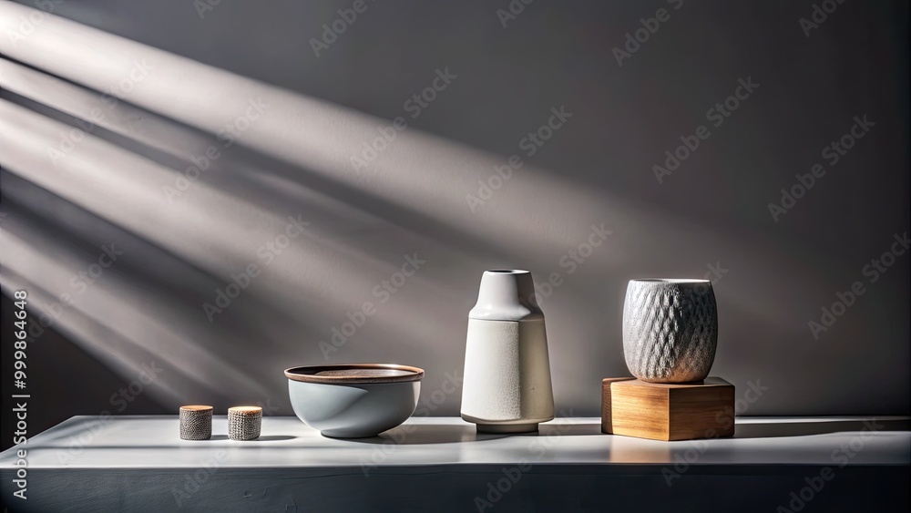 A minimalist setup with pottery casting shadows on a gray surface. A minimalist setup with pottery casting shadows on a gray surface.