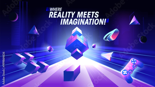 Where Reality Meets Imagination Metaverse Background with VR Box, Gaming Elements, Futuristic Rays, and 3D Shapes – Vector Illustration
