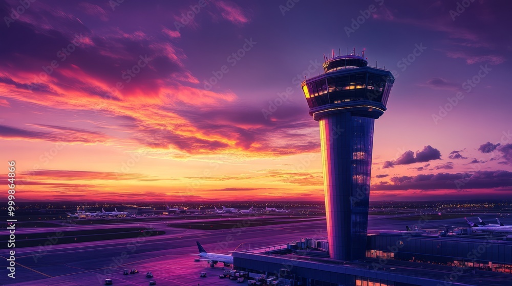 Obraz premium Sunset at Airport Control Tower