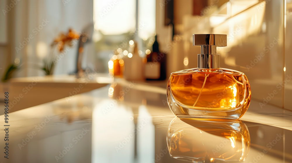 Shiny Fragrance Bottle On Clean Vanity Counter . Shiny Fragrance Bottle On Clean Vanity Counter .