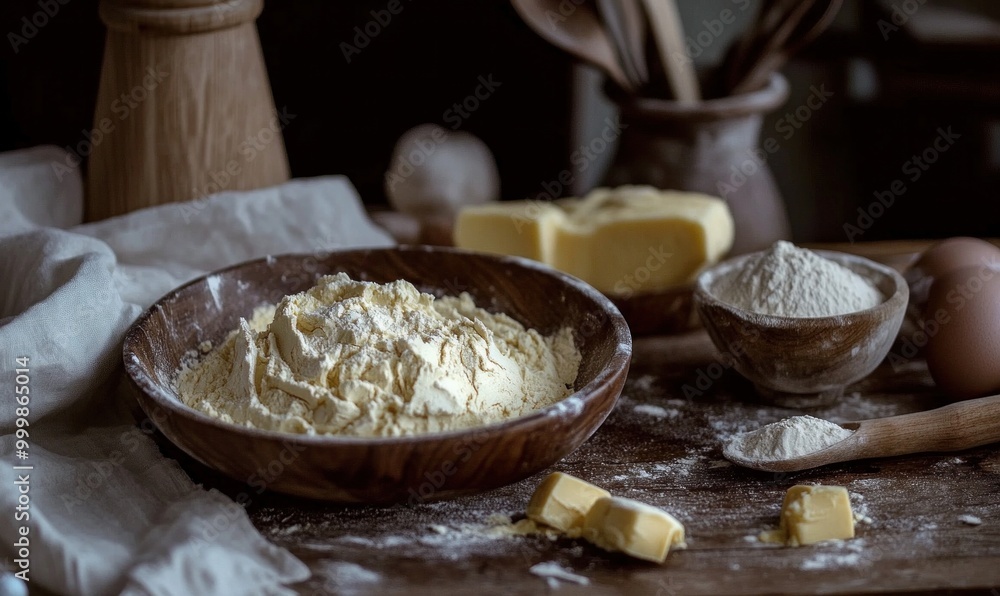 Fototapeta premium Cozy Baking Setup with Flour and Butter on Rustic Table