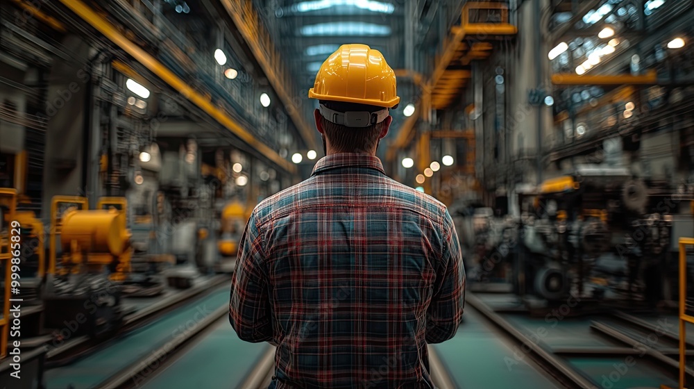 a rear view of an industrial man engineer with smartphone in a factory working a rear view of an industrial man engineer with smartphone in a factory working