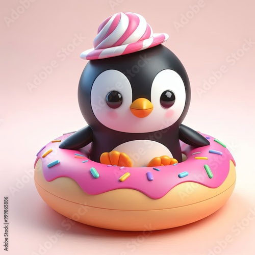 Cute Penguin Floating On Donut floatie , 3d  Generative AI
 photo