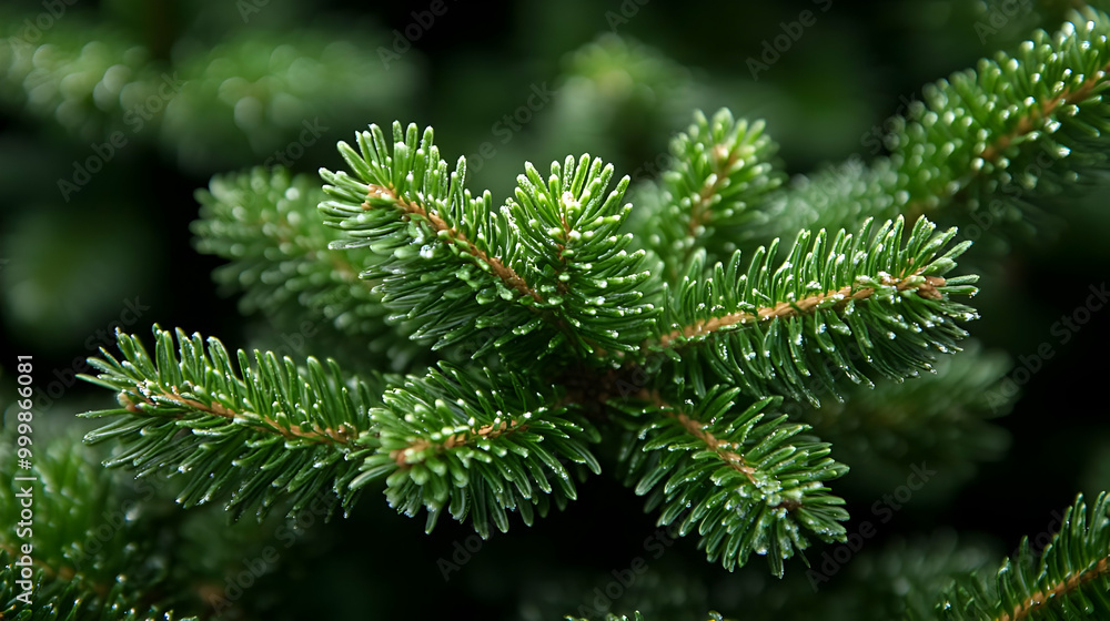 Close Up of Evergreen Tree Branch with Dew Drops Close Up of Evergreen Tree Branch with Dew Drops