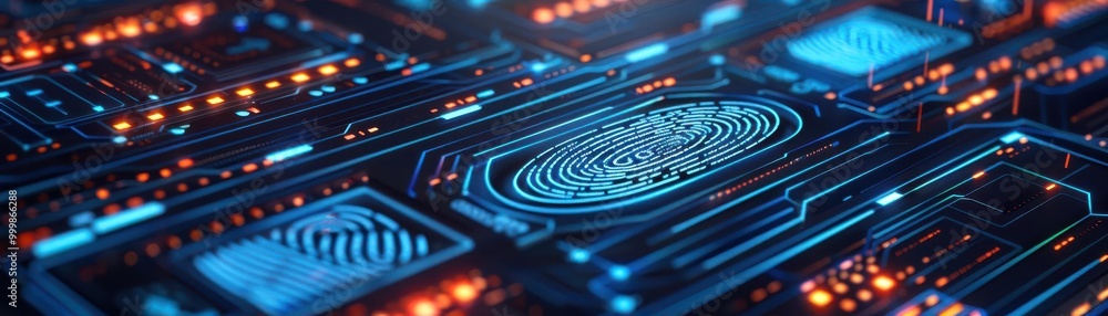 Digital fingerprint scan hovering over holographic screens, futuristic, blue neon, 3D illustration, close-up, security encryption concept Digital fingerprint scan hovering over holographic screens, futuristic, blue neon, 3D illustration, close-up, security encryption concept