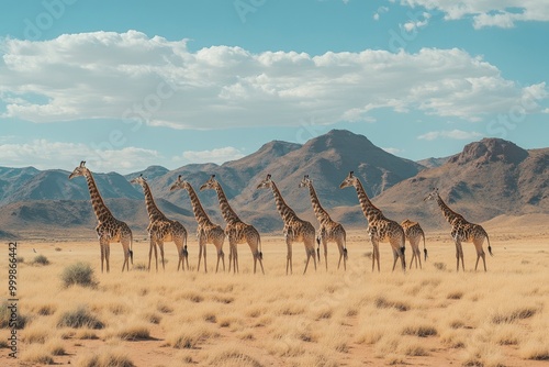 Panoramic landscape with a group of giraffes in Kalahari Desert, Namibia. Herd of giraffe pastured in savanna, wild African animals in natural habitat, generative ai