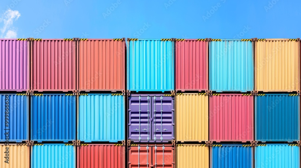 Colorful shipping containers stacked against a clear blue sky. Colorful shipping containers stacked against a clear blue sky.