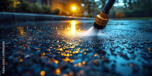 A stream of water shoots from a yellow nozzle against the dark asphalt, reflecting light and creating a sparkling effect