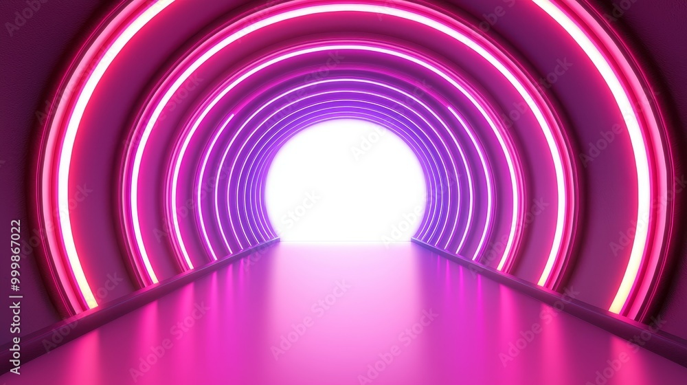 Fototapeta premium Futuristic tunnel with glowing pink lights leading to a bright exit.
