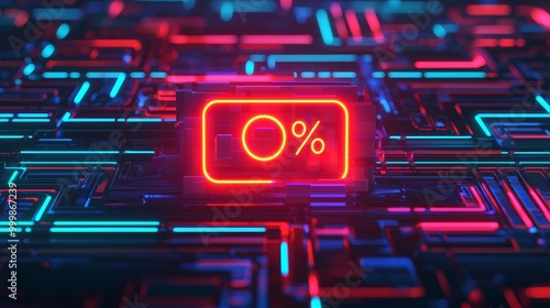 Neon percentage symbol on a circuit board background, vibrant glowing lines.