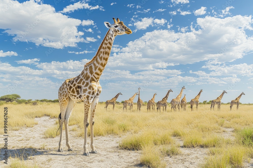 Obraz premium Panoramic landscape with a group of giraffes in Kalahari Desert, Namibia. Herd of giraffe pastured in savanna, wild African animals in natural habitat, generative ai