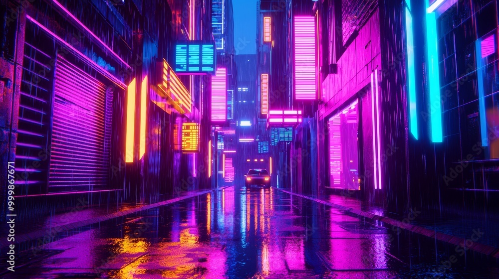 Vibrant neon-lit alley with reflections on wet pavement at night Vibrant neon-lit alley with reflections on wet pavement at night