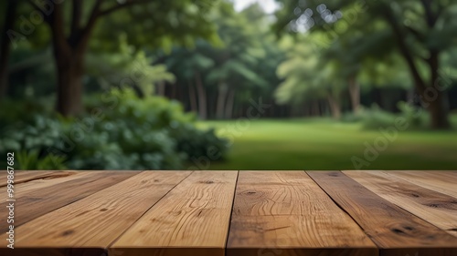 Empty wood table with blur green nature background. Wooden table top for product presentation. Generative AI