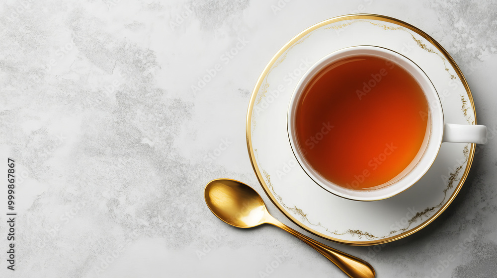 A top view of a white cup of tea elegantly positioned against a grey background. The cup features a delicate design, and a shiny gold spoon rests beside it, adding a touch of sophistication A top view of a white cup of tea elegantly positioned against a grey background. The cup features a delicate design, and a shiny gold spoon rests beside it, adding a touch of sophistication