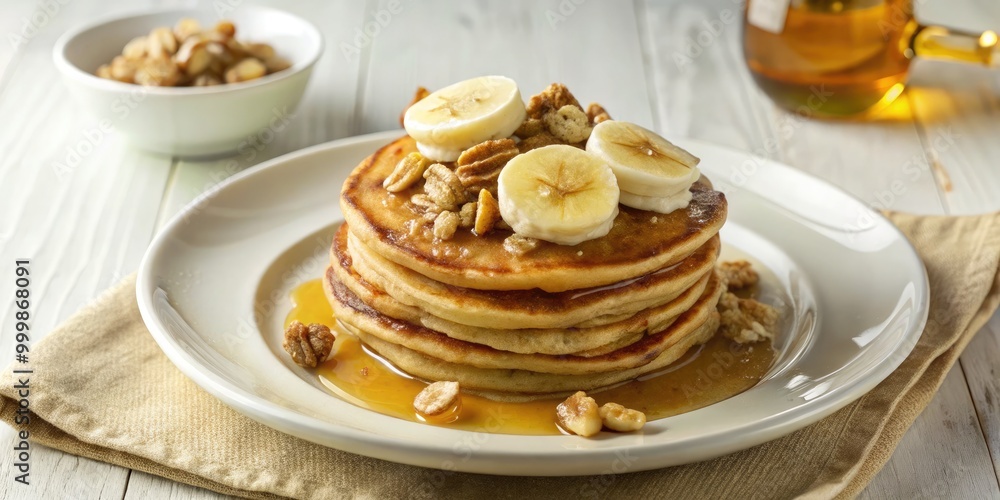 A stack of pancakes topped with banana slices and walnuts.