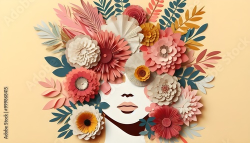Portrait of a woman with lots of flowers. Abstract trendy art paper collage design