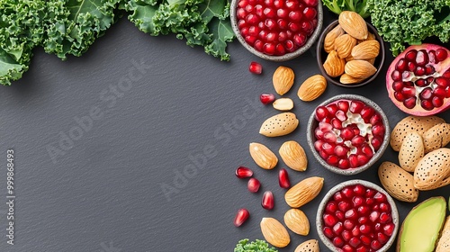 A flat lay featuring a diverse range of superfoods like pomegranate, almonds, and kale, arranged in geometric patterns on a slate background photo