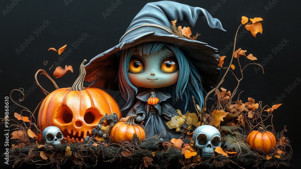 Cute Halloween Characters with Pumpkins and Spooky Autumn Decorations Cute Halloween Characters with Pumpkins and Spooky Autumn Decorations