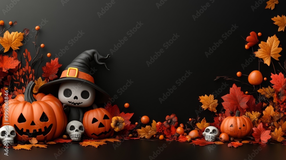 Cute Halloween Characters with Pumpkins and Spooky Autumn Decorations Cute Halloween Characters with Pumpkins and Spooky Autumn Decorations
