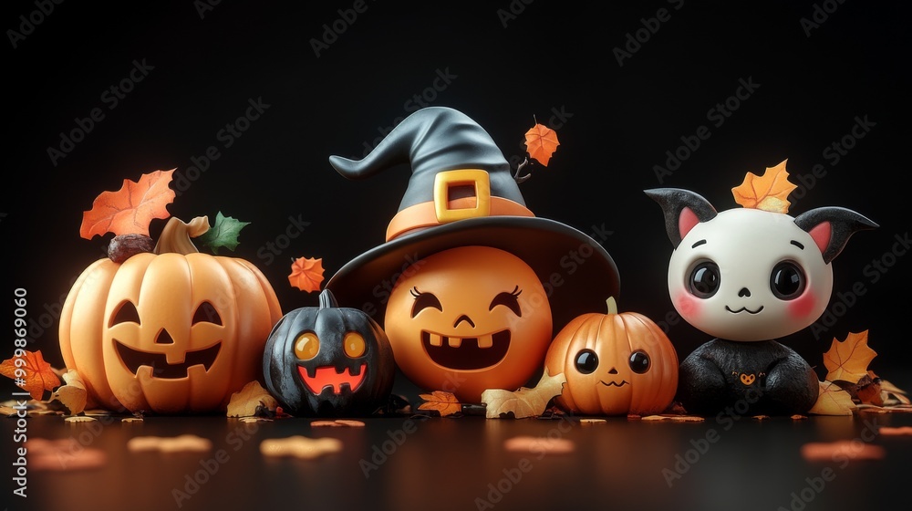 Cute Halloween Characters with Pumpkins and Spooky Autumn Decorations Cute Halloween Characters with Pumpkins and Spooky Autumn Decorations