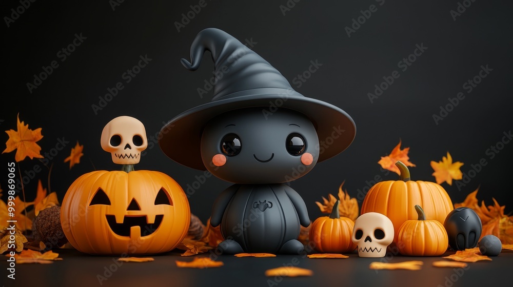 Cute Halloween Characters with Pumpkins and Spooky Autumn Decorations Cute Halloween Characters with Pumpkins and Spooky Autumn Decorations
