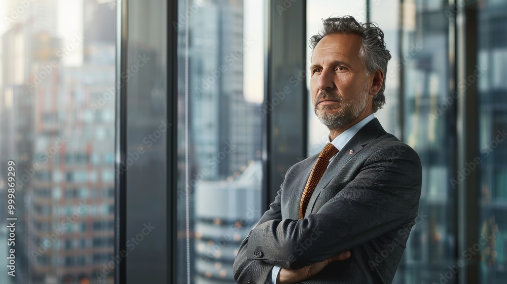 Confident middle-aged man in a corporate setting, formal business suit Confident middle-aged man in a corporate setting, formal business suit