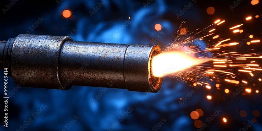 A close-up shot of a metal nozzle emitting a stream of fire and sparks against a blurred background. A close-up shot of a metal nozzle emitting a stream of fire and sparks against a blurred background.