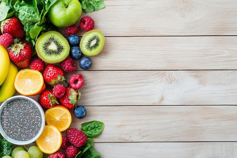 Aerial view of a flat lay featuring a mix of antioxidant-rich foods like chia seeds, spirulina, and fresh fruits, set against a rustic wooden background Aerial view of a flat lay featuring a mix of antioxidant-rich foods like chia seeds, spirulina, and fresh fruits, set against a rustic wooden background