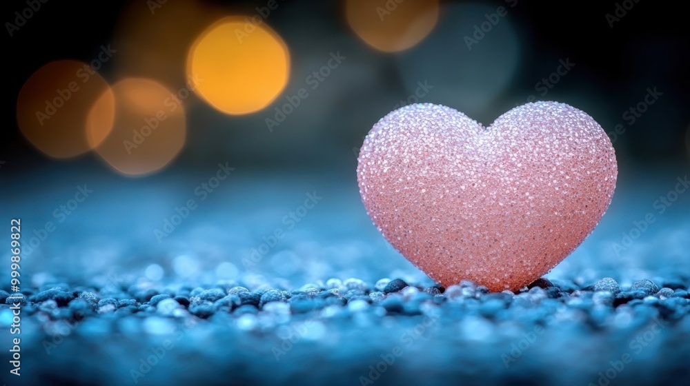 Fototapeta premium A pink heart shaped object rests atop a blue background, with blurred lights in the background.