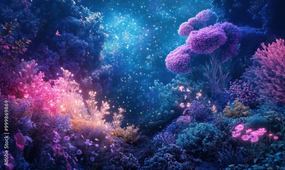Fototapeta premium Magical Fantasy Forest Night Scene with Glowing Plants