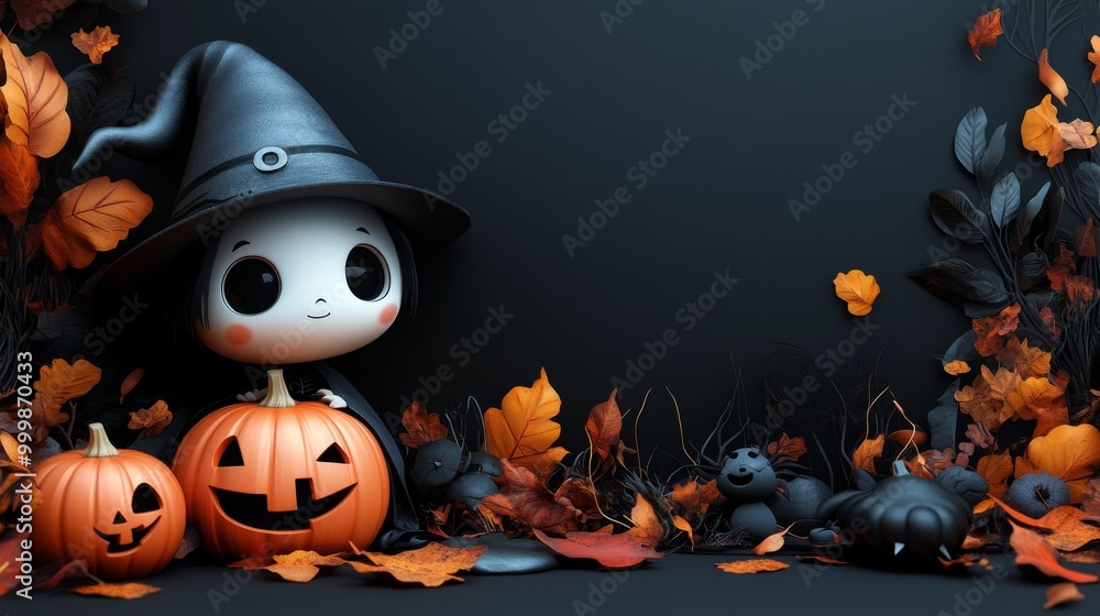 Cute Halloween Characters with Pumpkins and Spooky Autumn Decorations Cute Halloween Characters with Pumpkins and Spooky Autumn Decorations