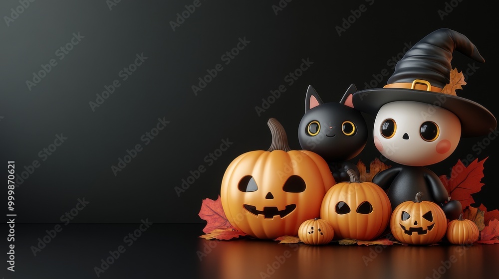 Cute Halloween Characters with Pumpkins and Spooky Autumn Decorations Cute Halloween Characters with Pumpkins and Spooky Autumn Decorations