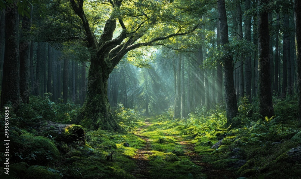 Obraz premium Sunlit Forest Path with Lush Green Foliage