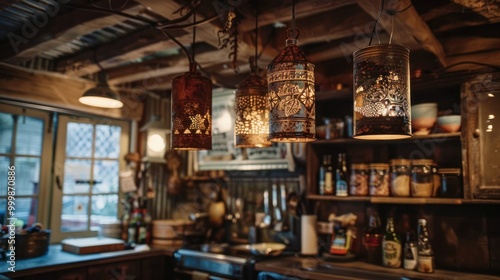 Rustic Interior with Hanging Lanterns