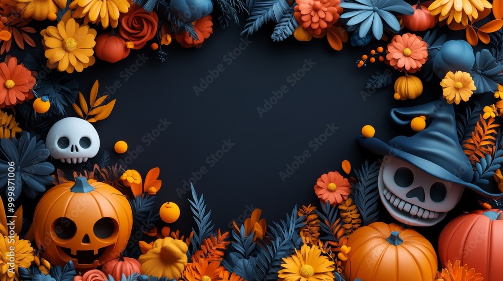 Fototapeta premium Cute Halloween Characters with Pumpkins and Spooky Autumn Decorations