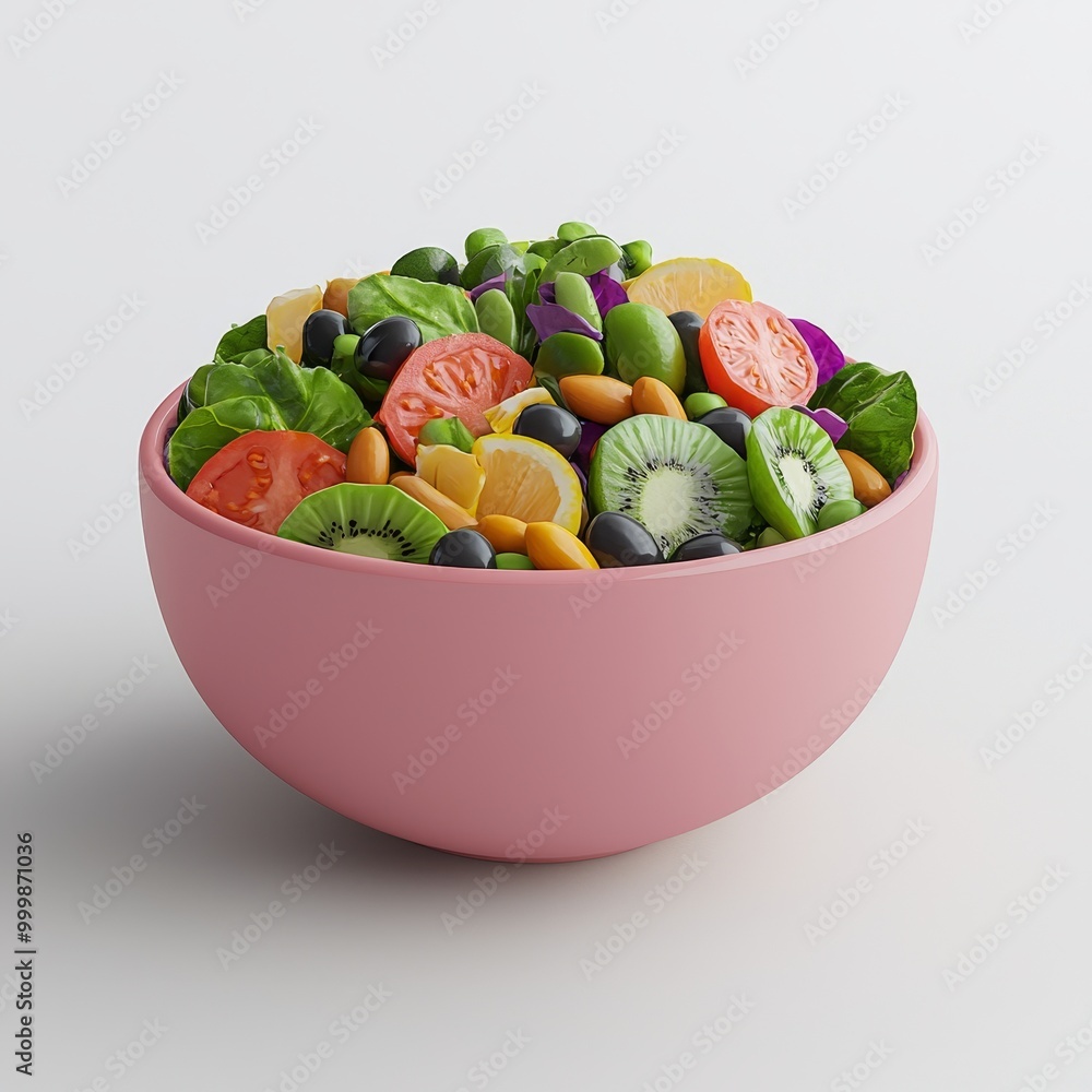 Colorful bowl of fresh fruits and vegetables on a white background. Colorful bowl of fresh fruits and vegetables on a white background.