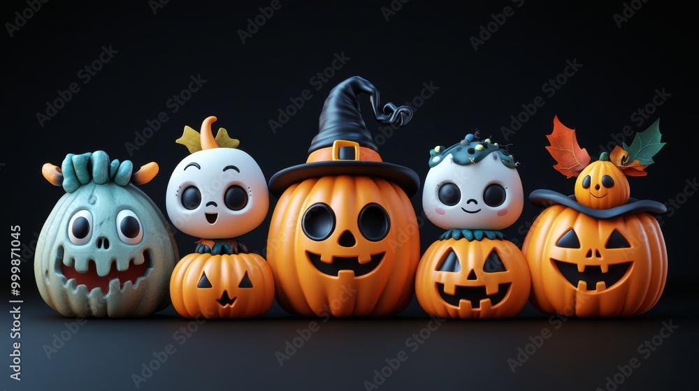 Cute Halloween Characters with Pumpkins and Spooky Autumn Decorations Cute Halloween Characters with Pumpkins and Spooky Autumn Decorations