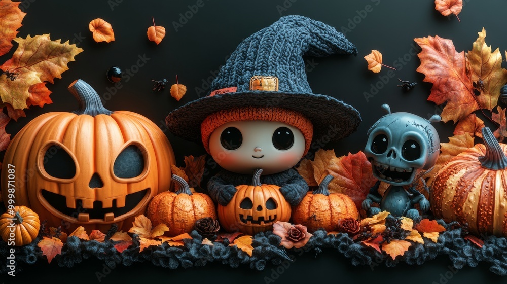 Cute Halloween Characters with Pumpkins and Spooky Autumn Decorations Cute Halloween Characters with Pumpkins and Spooky Autumn Decorations