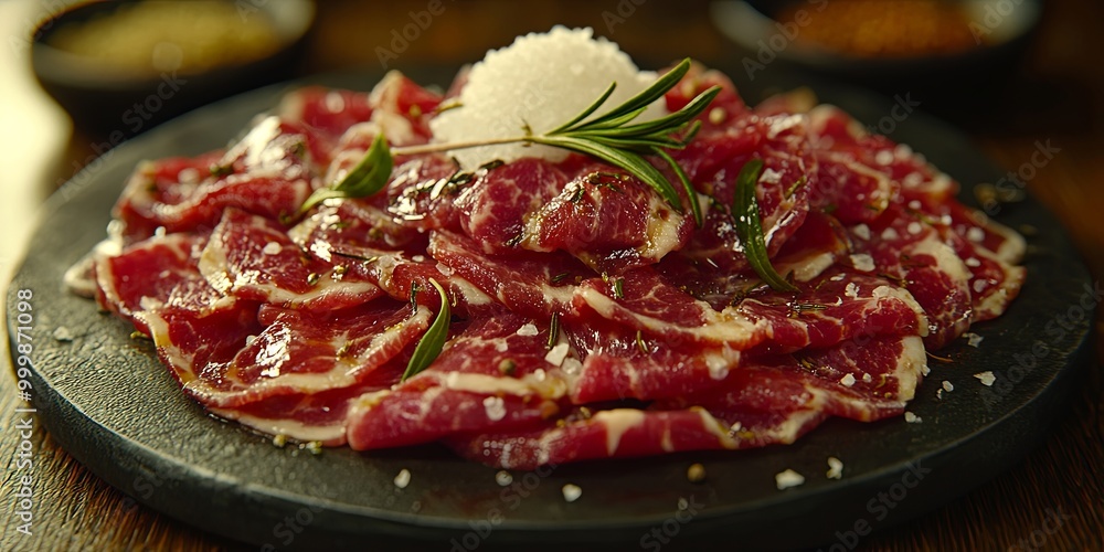 Thinly Sliced Meat Marinated with Herbs and Seasoned with Salt on a Black Slate Plate Thinly Sliced Meat Marinated with Herbs and Seasoned with Salt on a Black Slate Plate